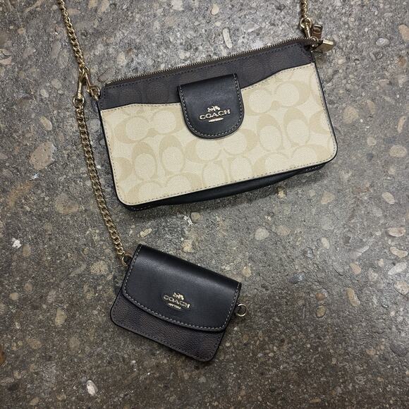 Coach Handbags - Coach Signature Canvas Black Leather Crossbody Bag + Mini Pouch Gold Chain Set